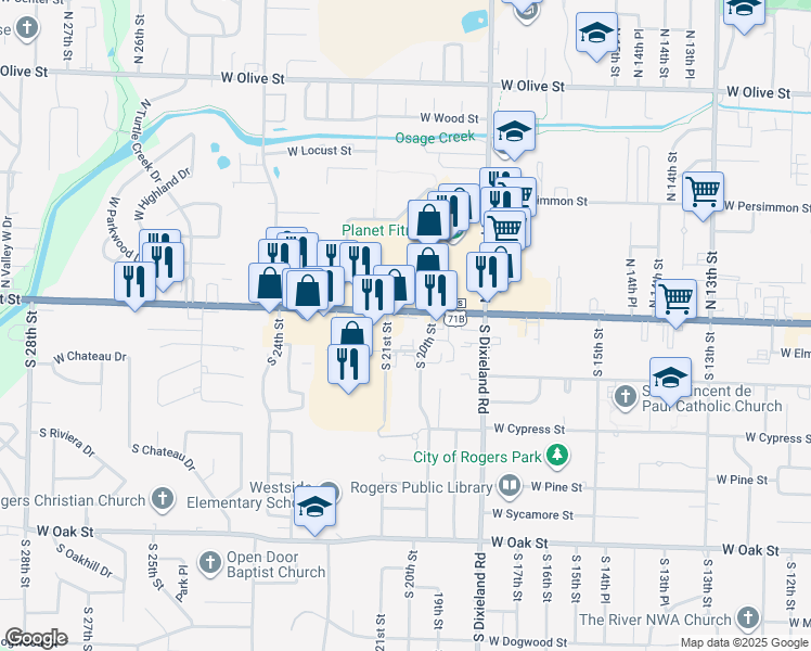 map of restaurants, bars, coffee shops, grocery stores, and more near 105 South 21st Street in Rogers