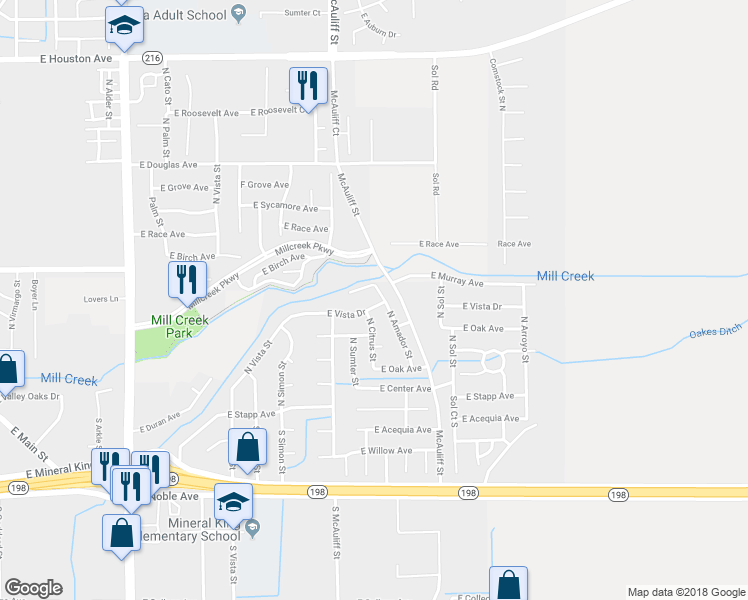 map of restaurants, bars, coffee shops, grocery stores, and more near 3924 East Vista Drive in Visalia