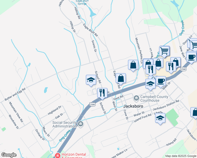 map of restaurants, bars, coffee shops, grocery stores, and more near School Road in Jacksboro