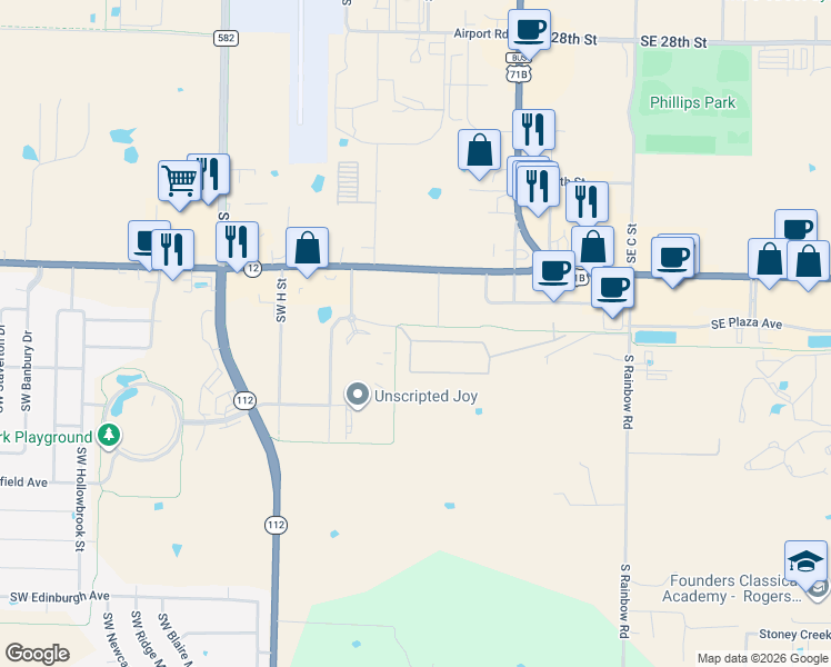 map of restaurants, bars, coffee shops, grocery stores, and more near 3809 Southwest Crockett Street in Bentonville