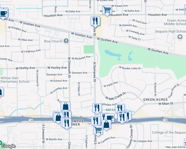 map of restaurants, bars, coffee shops, grocery stores, and more near 3727 West Damsen Avenue in Visalia