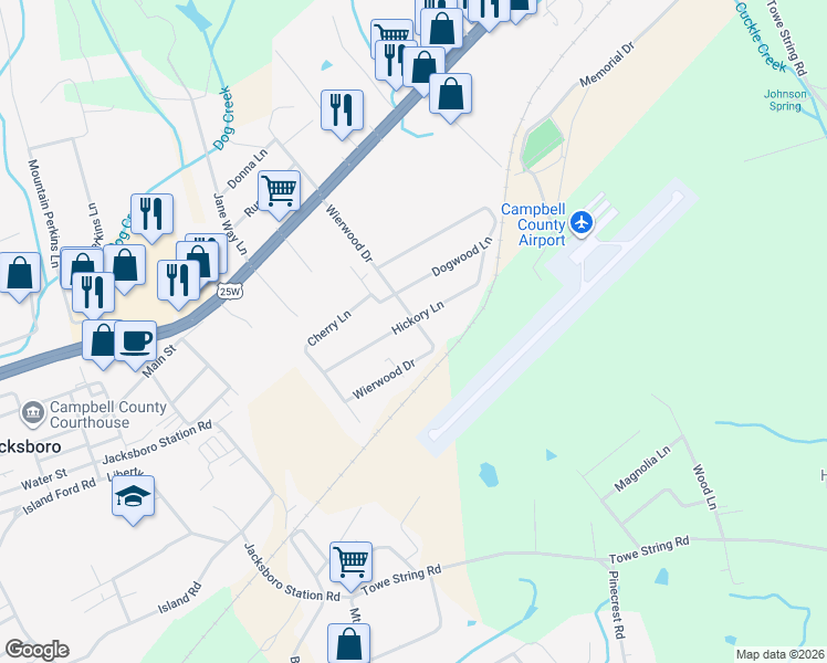 map of restaurants, bars, coffee shops, grocery stores, and more near 312 Wierwood Drive in Jacksboro