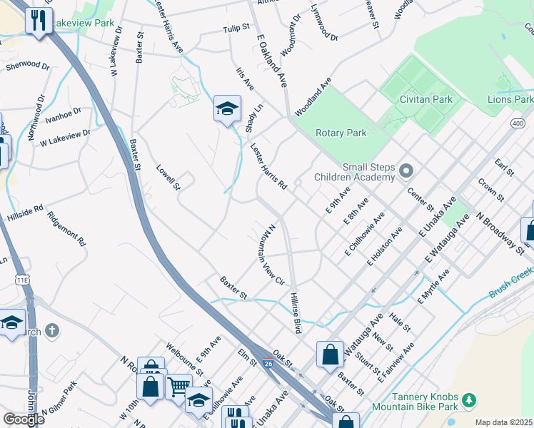 map of restaurants, bars, coffee shops, grocery stores, and more near 705 North Mountain View Circle in Johnson City