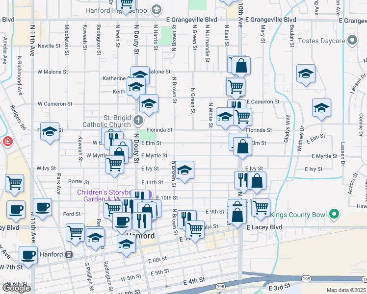 map of restaurants, bars, coffee shops, grocery stores, and more near 323 East Myrtle Street in Hanford