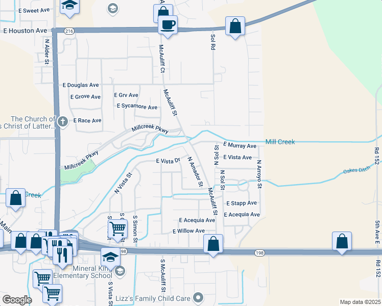 map of restaurants, bars, coffee shops, grocery stores, and more near 424 North Citrus Street in Visalia
