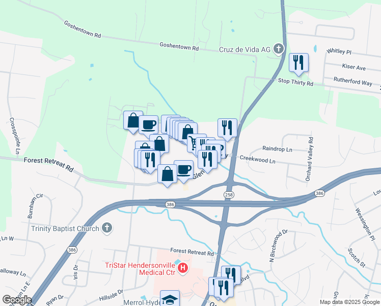 map of restaurants, bars, coffee shops, grocery stores, and more near 1012 Glenbrook Way in Hendersonville