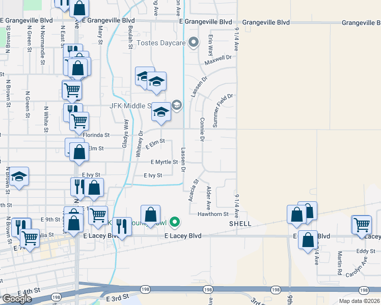 map of restaurants, bars, coffee shops, grocery stores, and more near 1132 E Myrtle St in Hanford