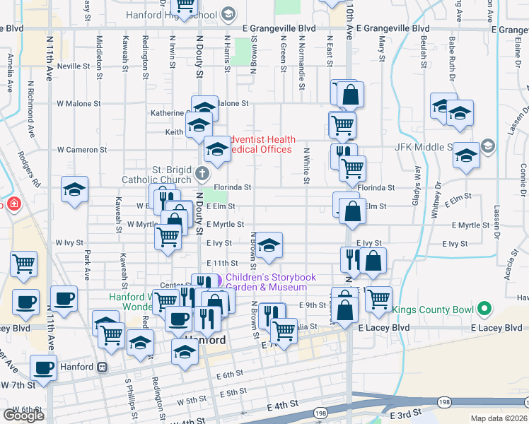 map of restaurants, bars, coffee shops, grocery stores, and more near 323 East Myrtle Street in Hanford