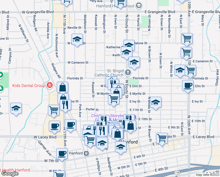 map of restaurants, bars, coffee shops, grocery stores, and more near 215 West Myrtle Street in Hanford