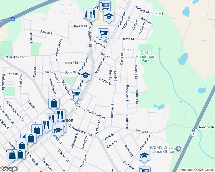 map of restaurants, bars, coffee shops, grocery stores, and more near 208 Carolyn Court in Henderson