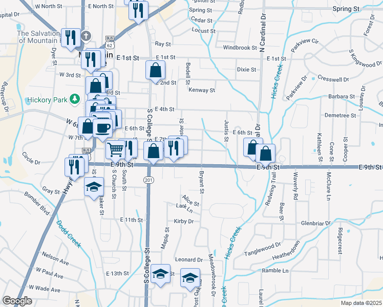 map of restaurants, bars, coffee shops, grocery stores, and more near 613 East 9th Street in Mountain Home