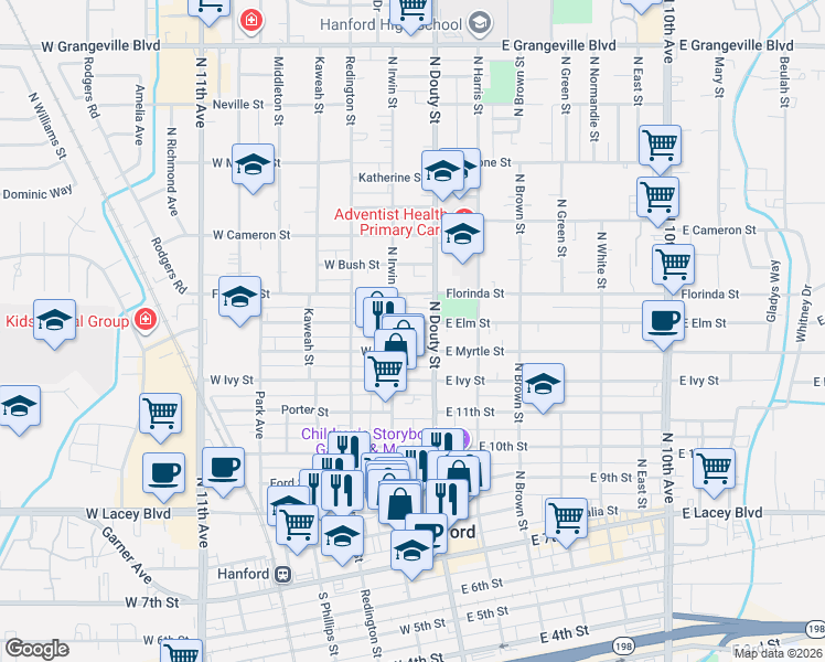 map of restaurants, bars, coffee shops, grocery stores, and more near 735 North Irwin Street in Hanford