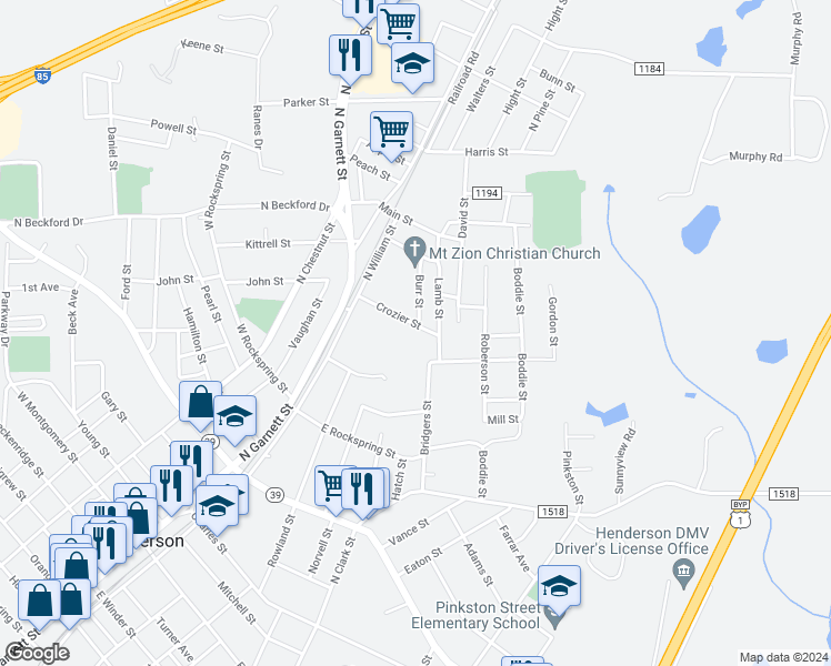 map of restaurants, bars, coffee shops, grocery stores, and more near 238 Crozier Street in Henderson