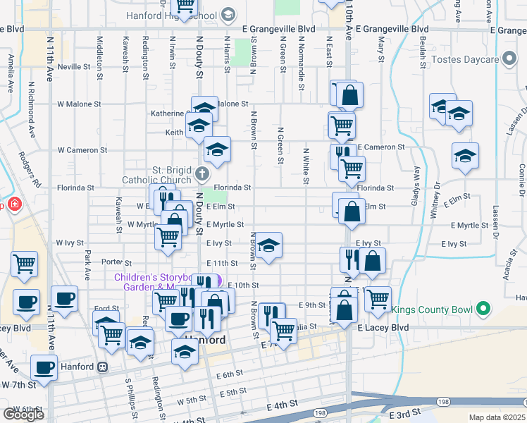 map of restaurants, bars, coffee shops, grocery stores, and more near 323 East Myrtle Street in Hanford