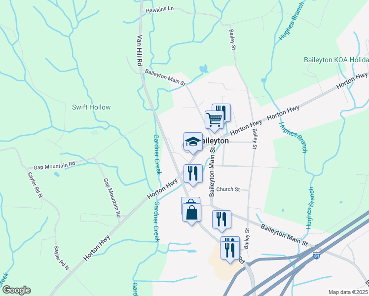 map of restaurants, bars, coffee shops, grocery stores, and more near 6535 Horton Highway in Greeneville