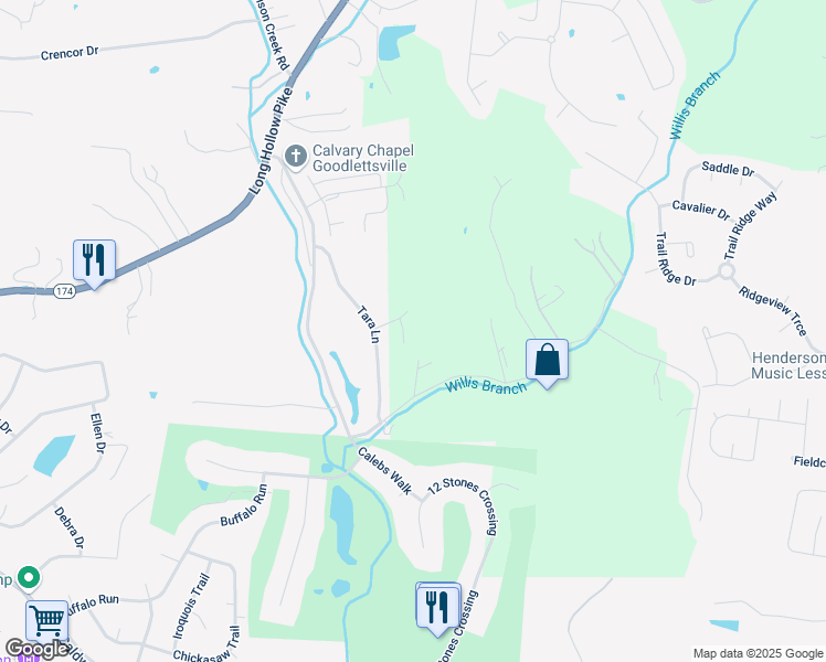 map of restaurants, bars, coffee shops, grocery stores, and more near 207 Abiding Place in Goodlettsville
