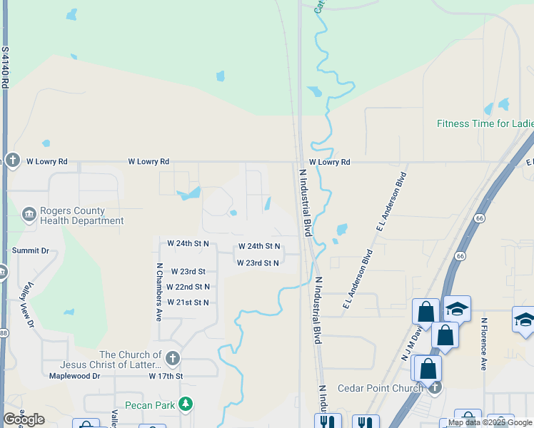 map of restaurants, bars, coffee shops, grocery stores, and more near 2800 Lariat Lane in Claremore