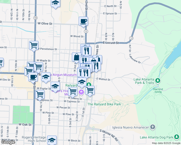 map of restaurants, bars, coffee shops, grocery stores, and more near 212 N 1st St in Rogers