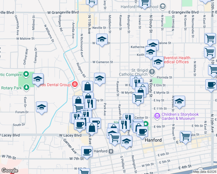 map of restaurants, bars, coffee shops, grocery stores, and more near 425 West Elm Street in Hanford