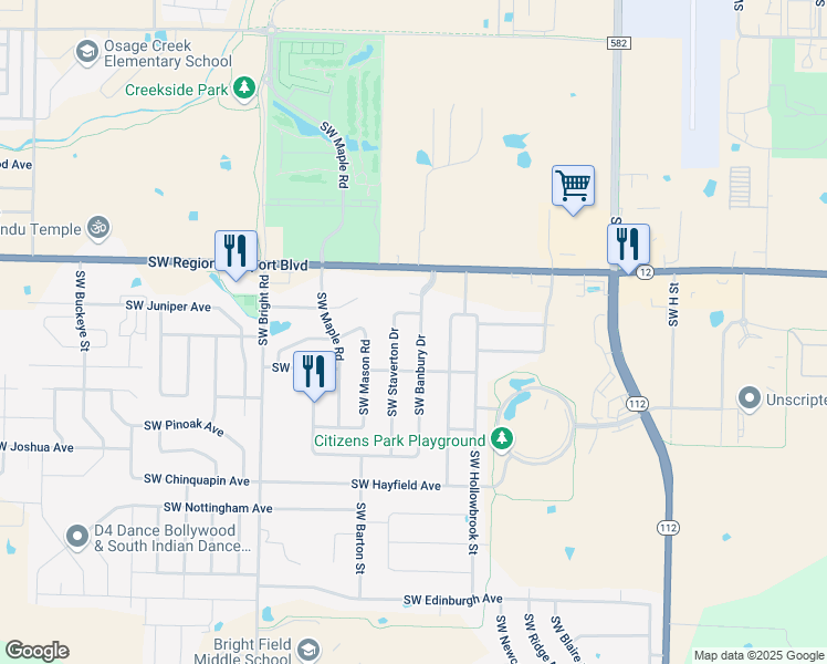 map of restaurants, bars, coffee shops, grocery stores, and more near 3709 SW Banbury Dr in Bentonville