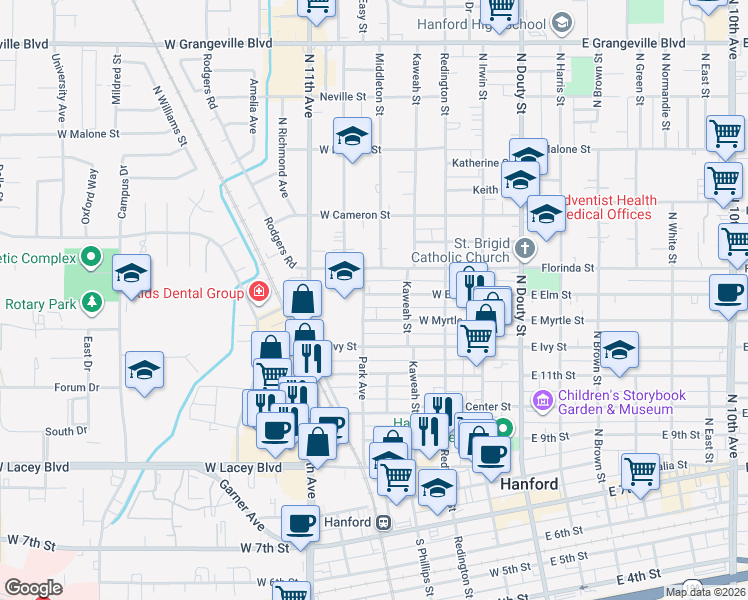 map of restaurants, bars, coffee shops, grocery stores, and more near 425 West Elm Street in Hanford