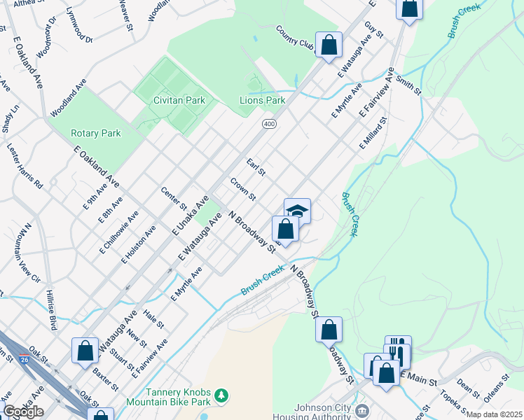 map of restaurants, bars, coffee shops, grocery stores, and more near 459 Crown Street in Johnson City