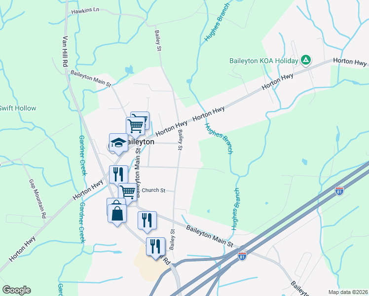 map of restaurants, bars, coffee shops, grocery stores, and more near 623 Bailey Street in Greeneville