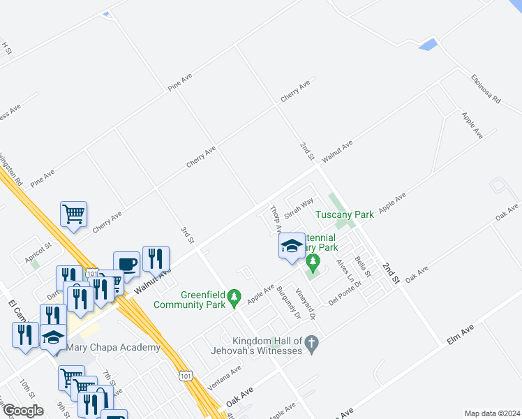 map of restaurants, bars, coffee shops, grocery stores, and more near 391 Barolo Circle in Greenfield