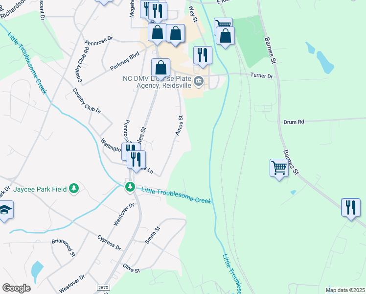 map of restaurants, bars, coffee shops, grocery stores, and more near 1851 Amos Street in Reidsville