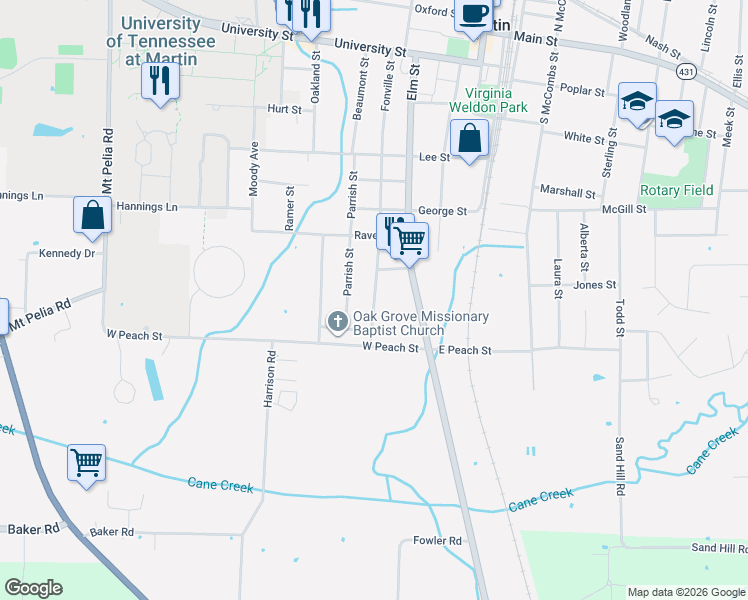 map of restaurants, bars, coffee shops, grocery stores, and more near 519 Fonville Avenue in Martin