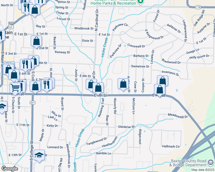 map of restaurants, bars, coffee shops, grocery stores, and more near 1023 East 9th Street in Mountain Home