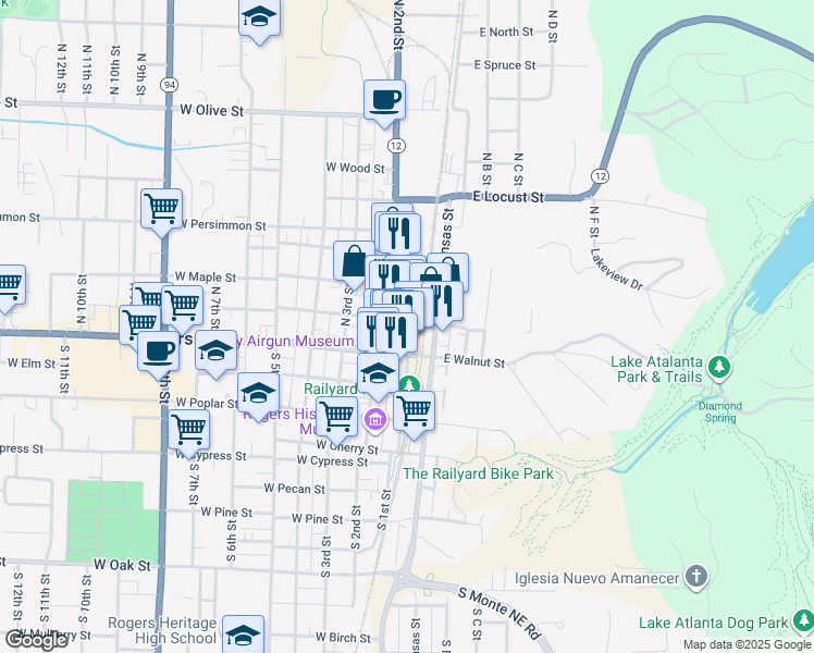map of restaurants, bars, coffee shops, grocery stores, and more near 212 N 1st St in Rogers