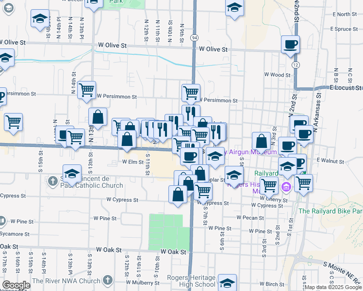 map of restaurants, bars, coffee shops, grocery stores, and more near 800-898 West Chestnut Street in Rogers