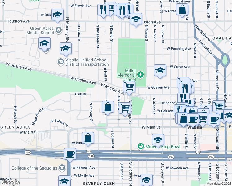 map of restaurants, bars, coffee shops, grocery stores, and more near 455 North Park Street in Visalia