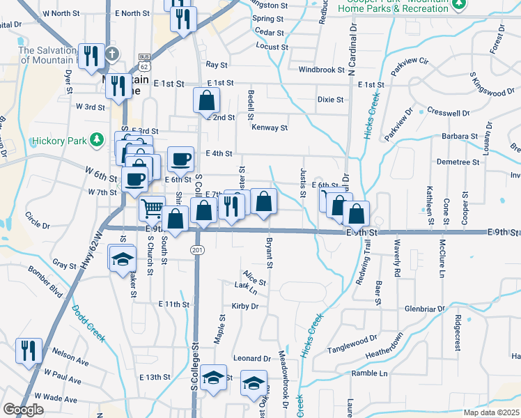 map of restaurants, bars, coffee shops, grocery stores, and more near 638 East 8th Street in Mountain Home