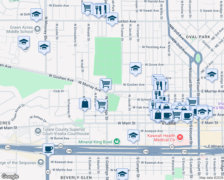 map of restaurants, bars, coffee shops, grocery stores, and more near 1135 West Goshen Avenue in Visalia