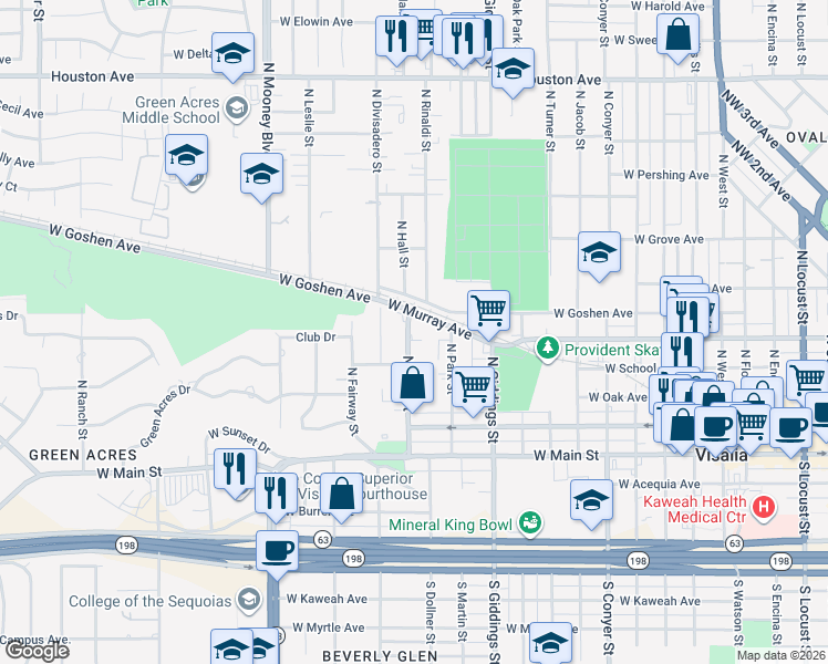 map of restaurants, bars, coffee shops, grocery stores, and more near 1417 West Murray Avenue in Visalia