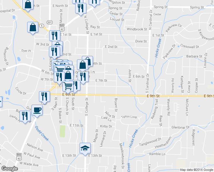 map of restaurants, bars, coffee shops, grocery stores, and more near 619 East 8th Street in Mountain Home