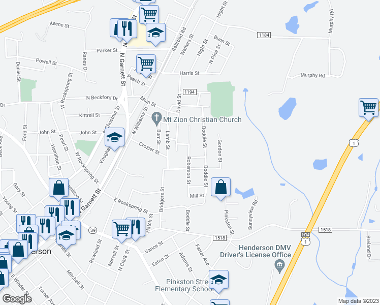 map of restaurants, bars, coffee shops, grocery stores, and more near 724 Roberson Street in Henderson