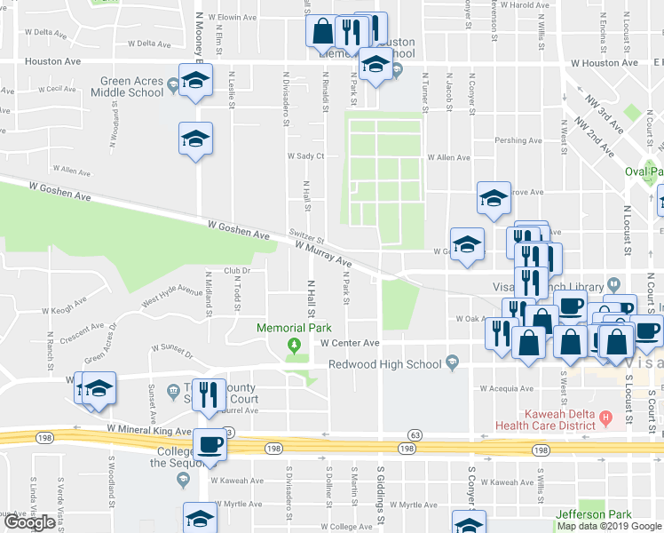 map of restaurants, bars, coffee shops, grocery stores, and more near 451 North Park Street in Visalia