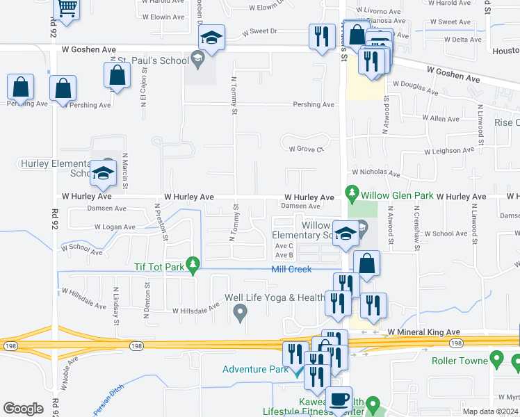 map of restaurants, bars, coffee shops, grocery stores, and more near 525 North Peppertree Court in Visalia
