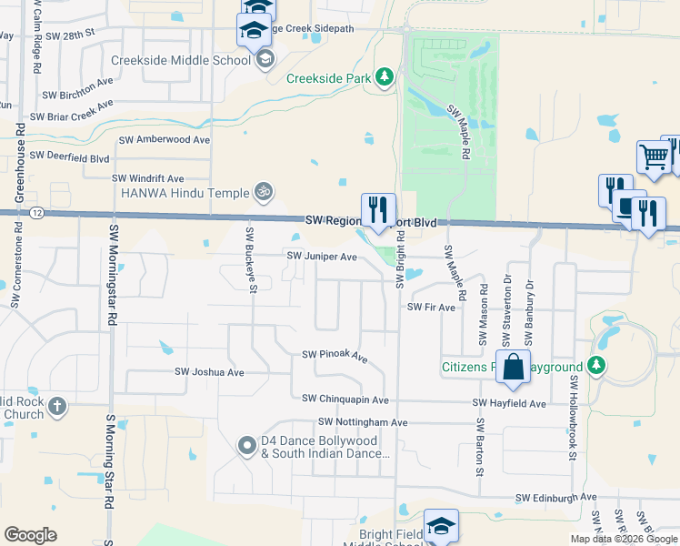 map of restaurants, bars, coffee shops, grocery stores, and more near 2209 Southwest Juniper Avenue in Bentonville