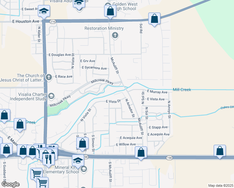 map of restaurants, bars, coffee shops, grocery stores, and more near 2406 Murray Court in Visalia