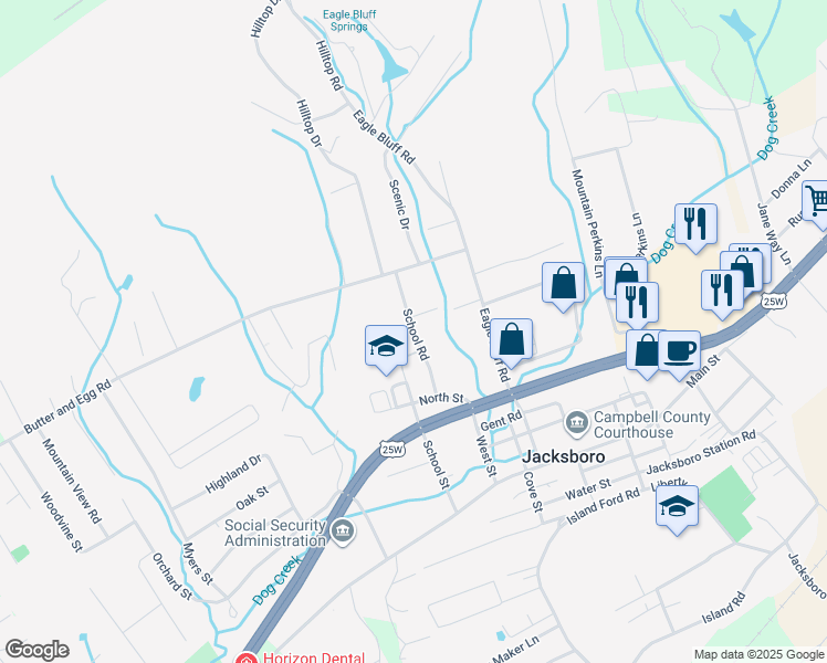 map of restaurants, bars, coffee shops, grocery stores, and more near School Road in Jacksboro