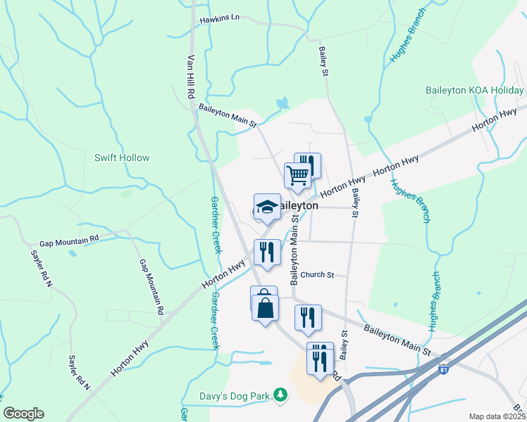 map of restaurants, bars, coffee shops, grocery stores, and more near 6535 Horton Highway in Greeneville