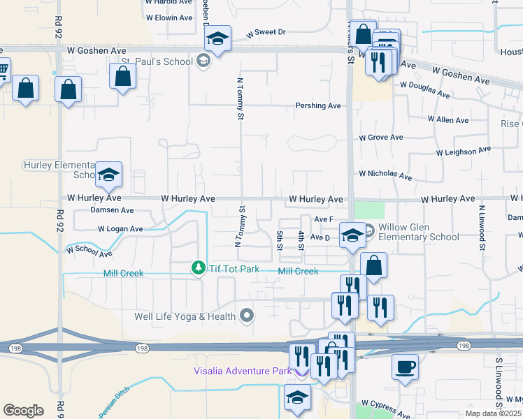 map of restaurants, bars, coffee shops, grocery stores, and more near 541 North Peppertree Street in Visalia