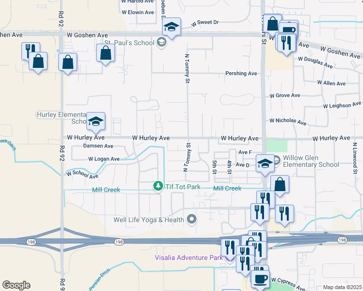 map of restaurants, bars, coffee shops, grocery stores, and more near 522 North Anthony Court in Visalia