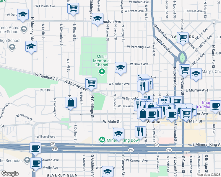 map of restaurants, bars, coffee shops, grocery stores, and more near 1030 West Murray Avenue in Visalia