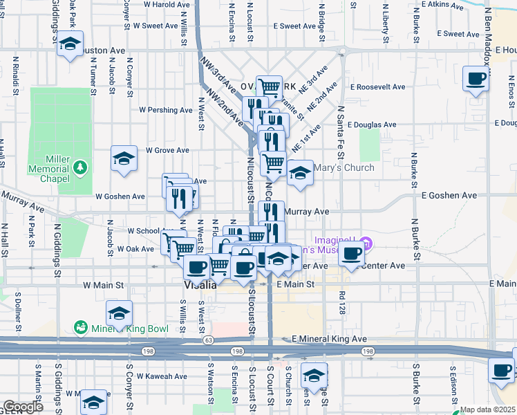 map of restaurants, bars, coffee shops, grocery stores, and more near 519 North Locust Street in Visalia
