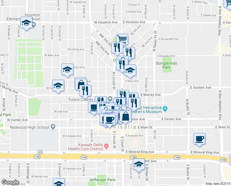 map of restaurants, bars, coffee shops, grocery stores, and more near 519 North Locust Street in Visalia